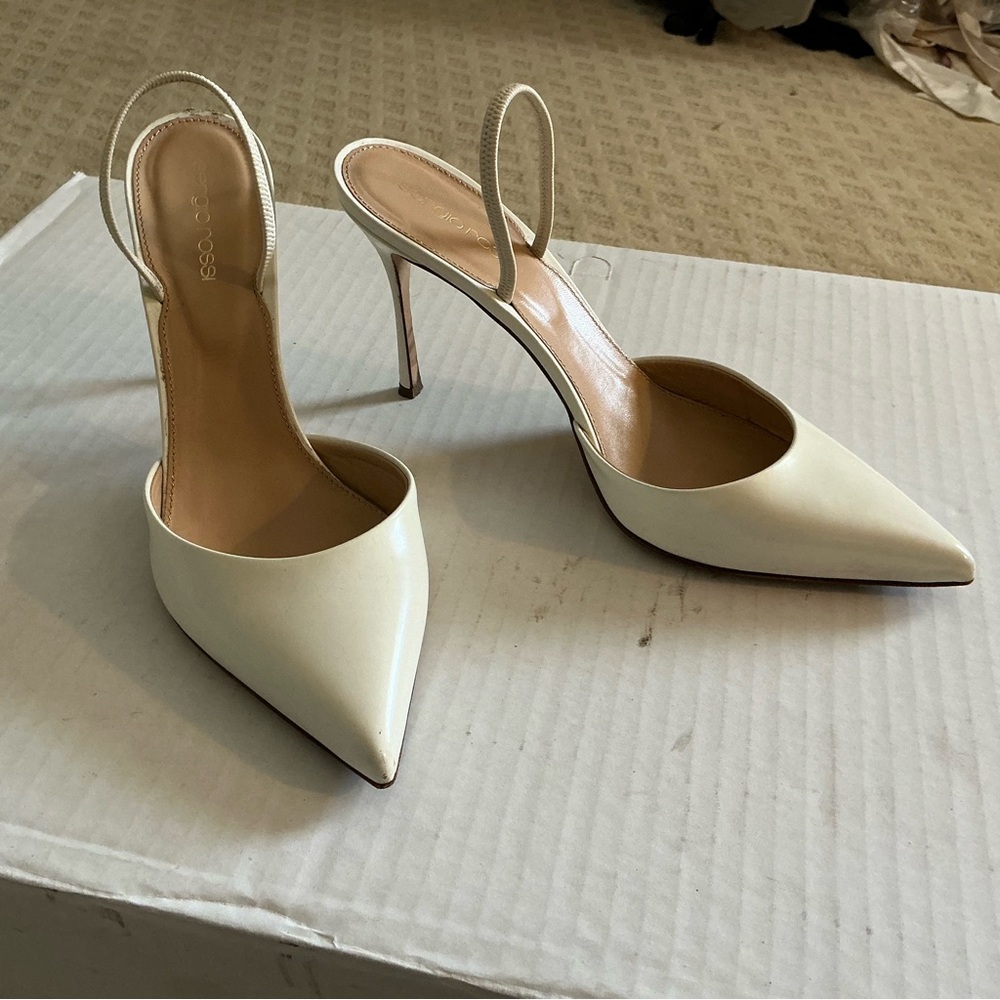 Sergio Rossi White Slingback Heels with Pointed Toe